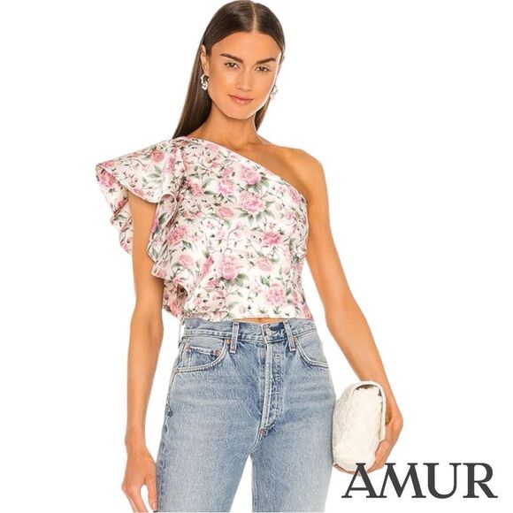 AMUR **NWT** Jasmine One-Shoulder Ruffle Top in Eggshell Pink Floral - Picture 1 of 14